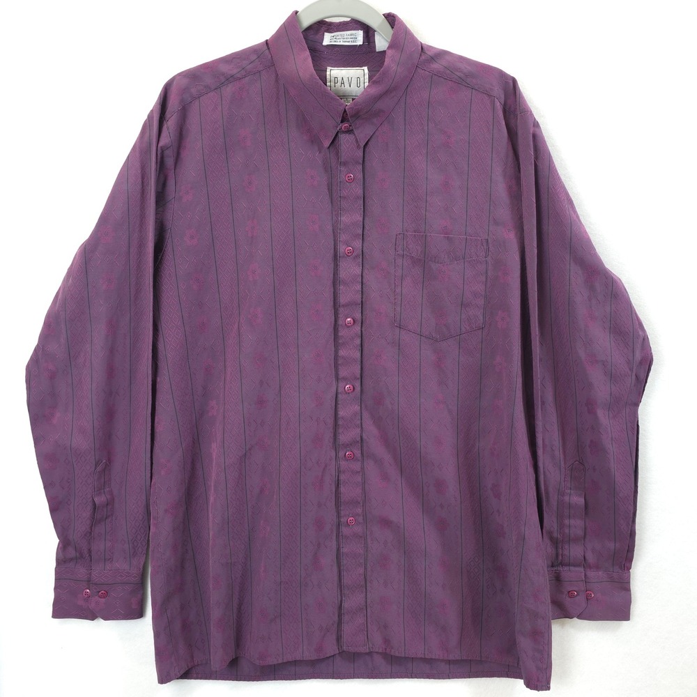 Vintage Pavo Shirt Mens L Purple Rayon Blend Jacquard 90s Retro Artsy Eclectic